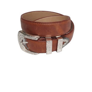 Navasota Brown Genuine Leather Belt size Small with Engraved Silver Buckle